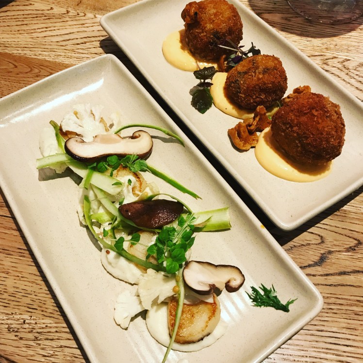 Seared scallops, shiitake mushrooms, asparagus and cauliflower salad, truffle vinaigrette